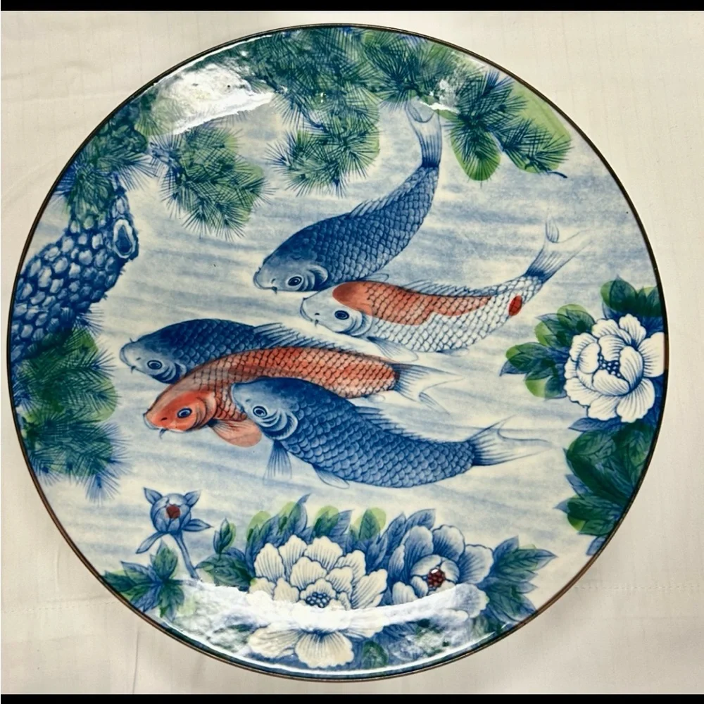 Japanese Hand Painted Porcelain Koi Fish Lotus Flower PIate
